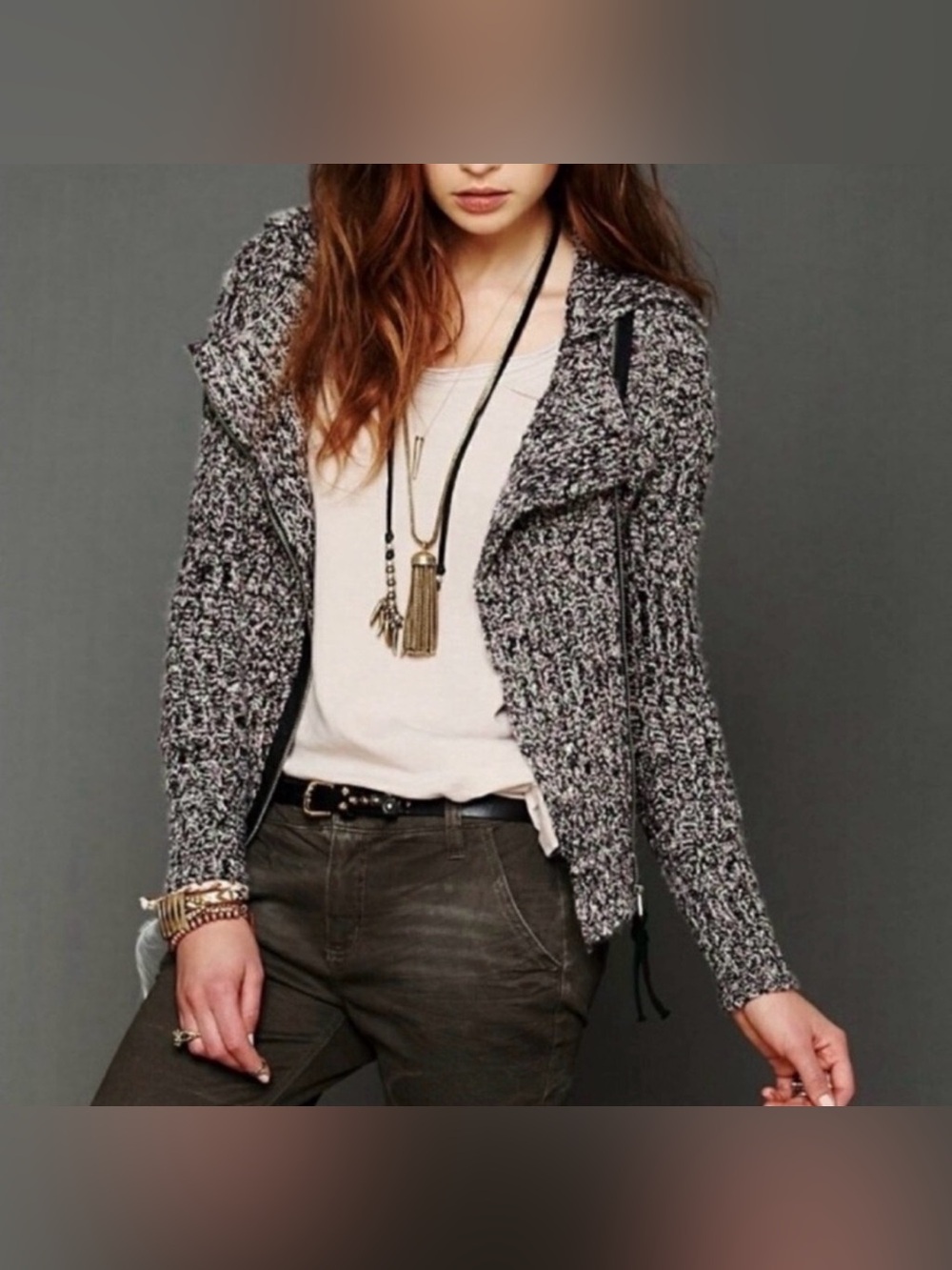 Free People Chunky Knit Moto Cardigan Sweater Jacket Asym Zip XS